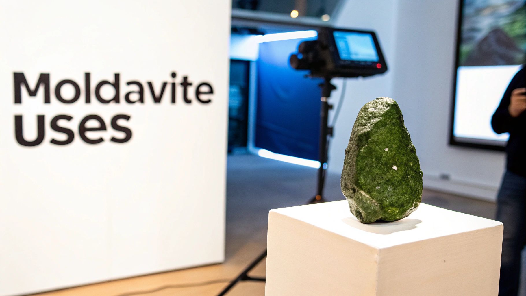 A large, textured green stone, likely moldavite, displayed on a white pedestal with a blurry sign reading 'Moldavite Uses' in the background.