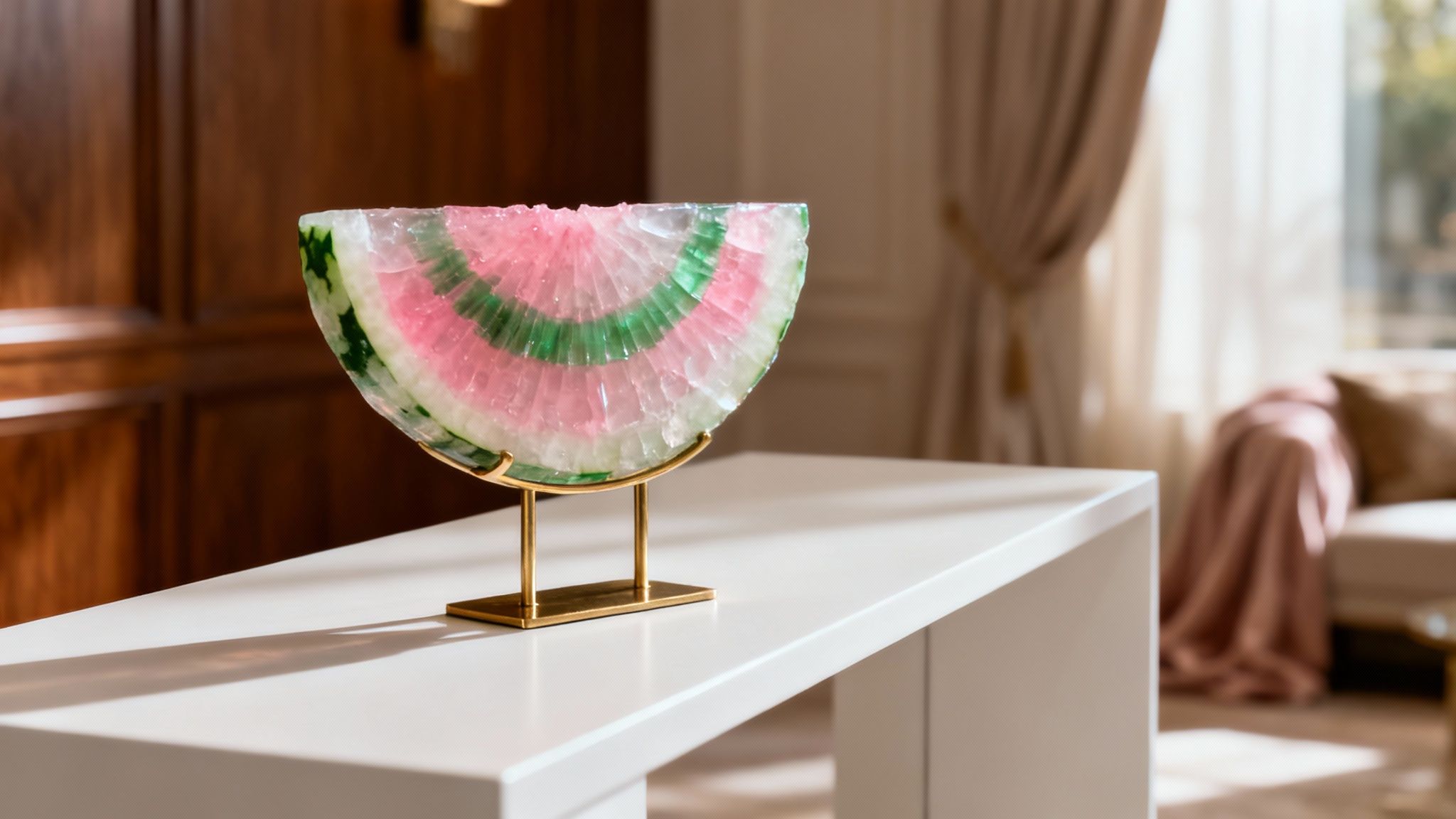 A vibrant watermelon tourmaline crystal slice on a golden stand, decorating a white table.