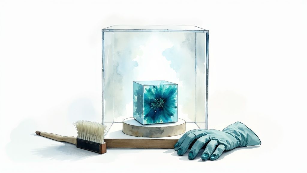 A watercolor illustration of a vibrant teal flower preserved in a clear cube display, with a brush and gloves nearby.