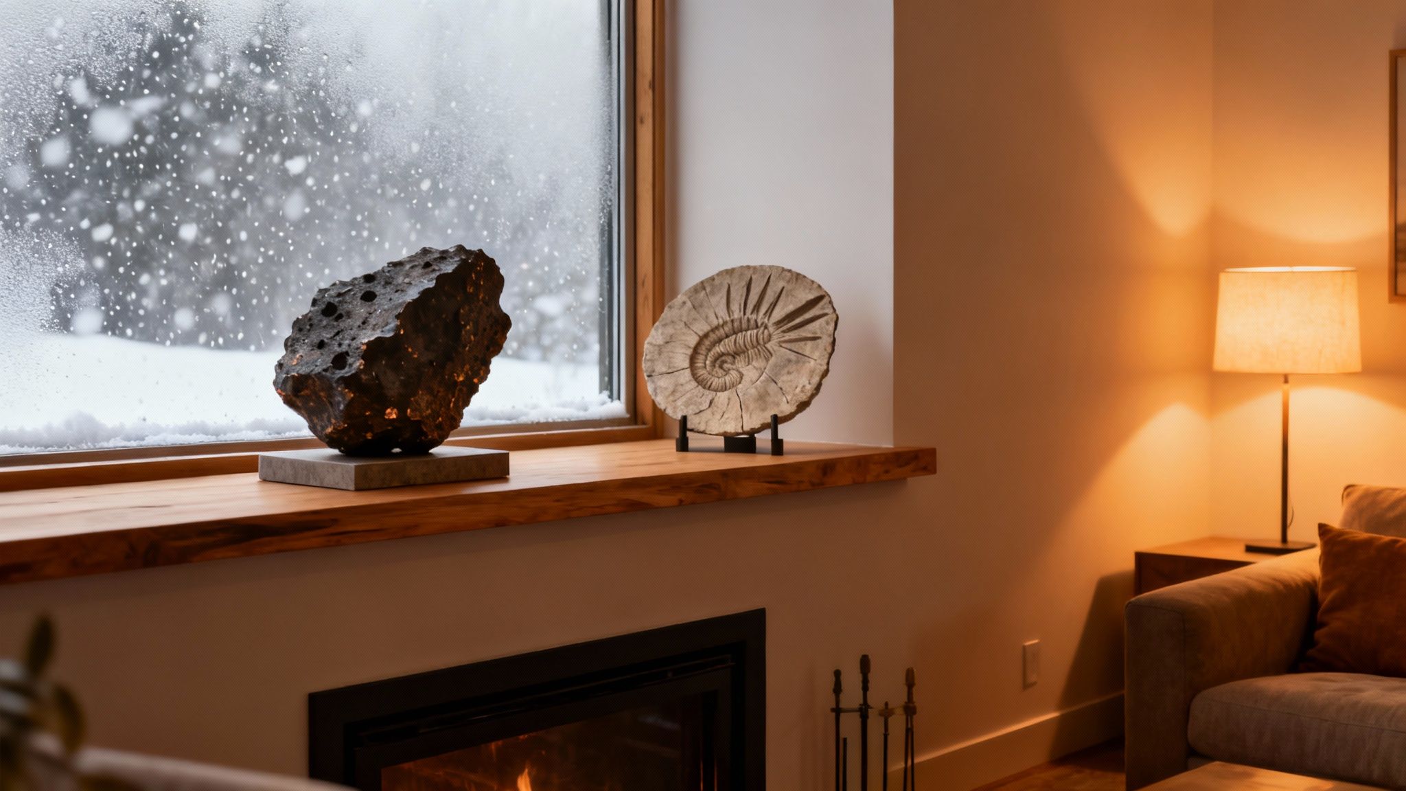 A cozy living room with a lit meteorite sculpture and ammonite fossil on a windowsill, overlooking a snowy winter scene.
