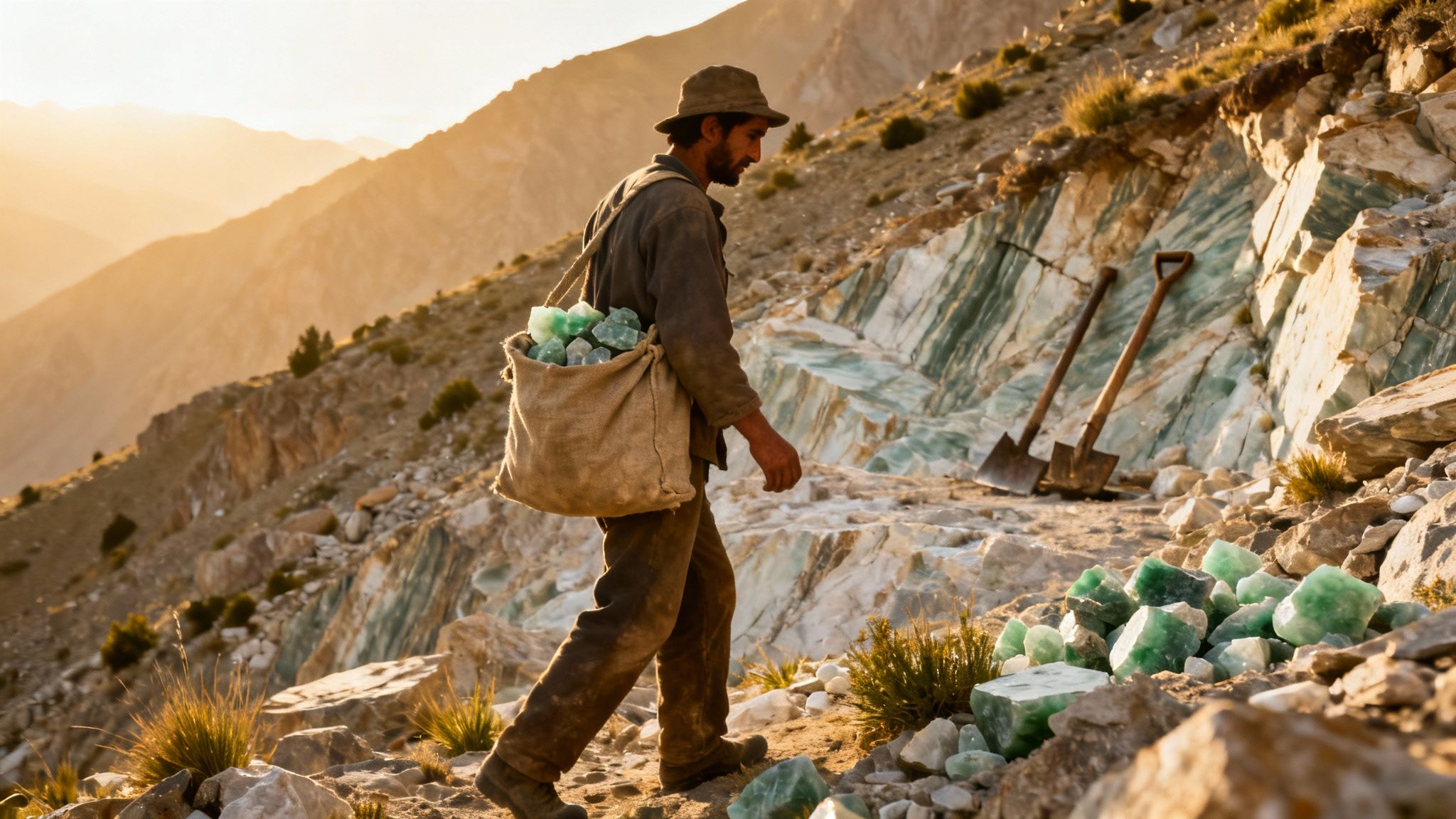 A miner walks with a sack of raw green jade stones through a mountainous landscape at sunset.