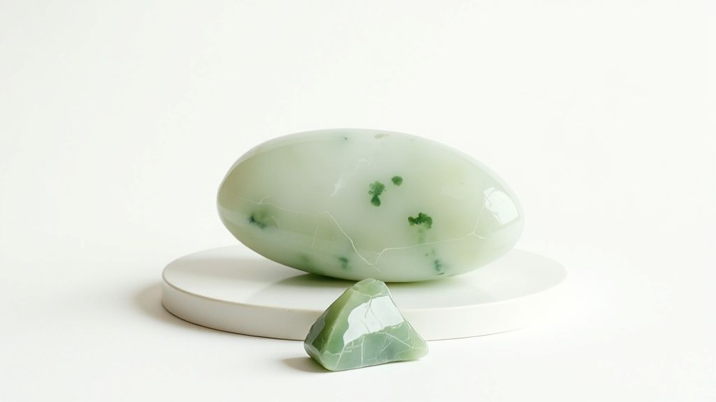 Two light green Afghan jade stones, one egg-shaped and one triangular, on a white background.