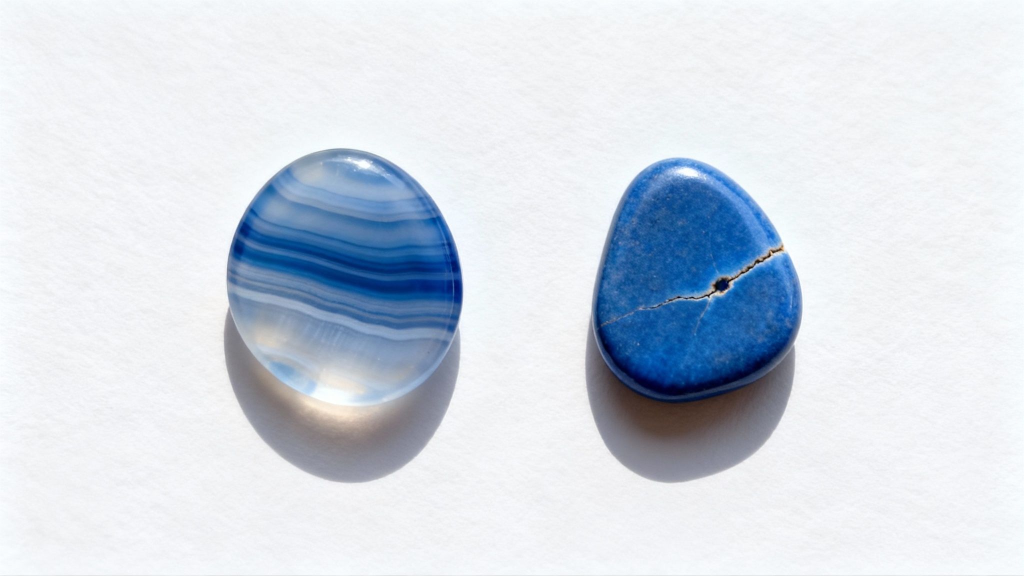 Two blue polished stones, a banded agate and a cracked solid blue one, on a white surface.