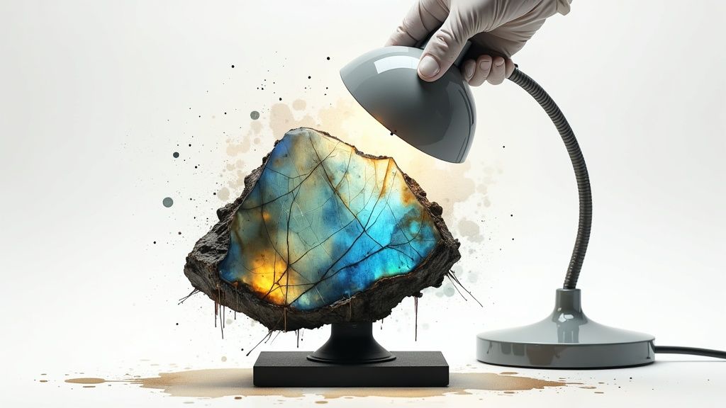 A gloved hand holds a lamp, illuminating a vibrant, iridescent blue and yellow mineral on a stand.