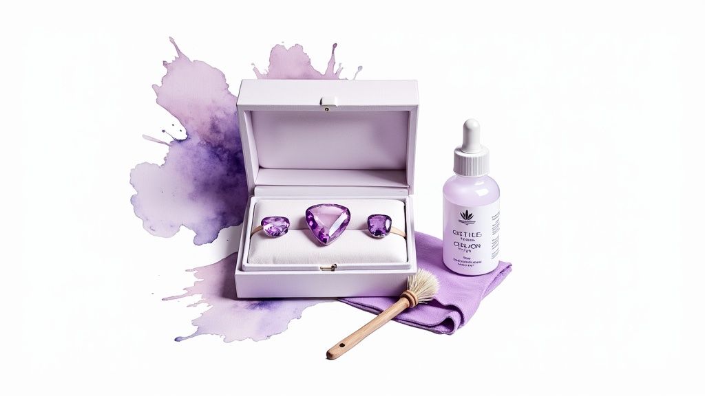 Three purple faceted stones displayed in a white jewelry box with a cosmetic bottle and brush.