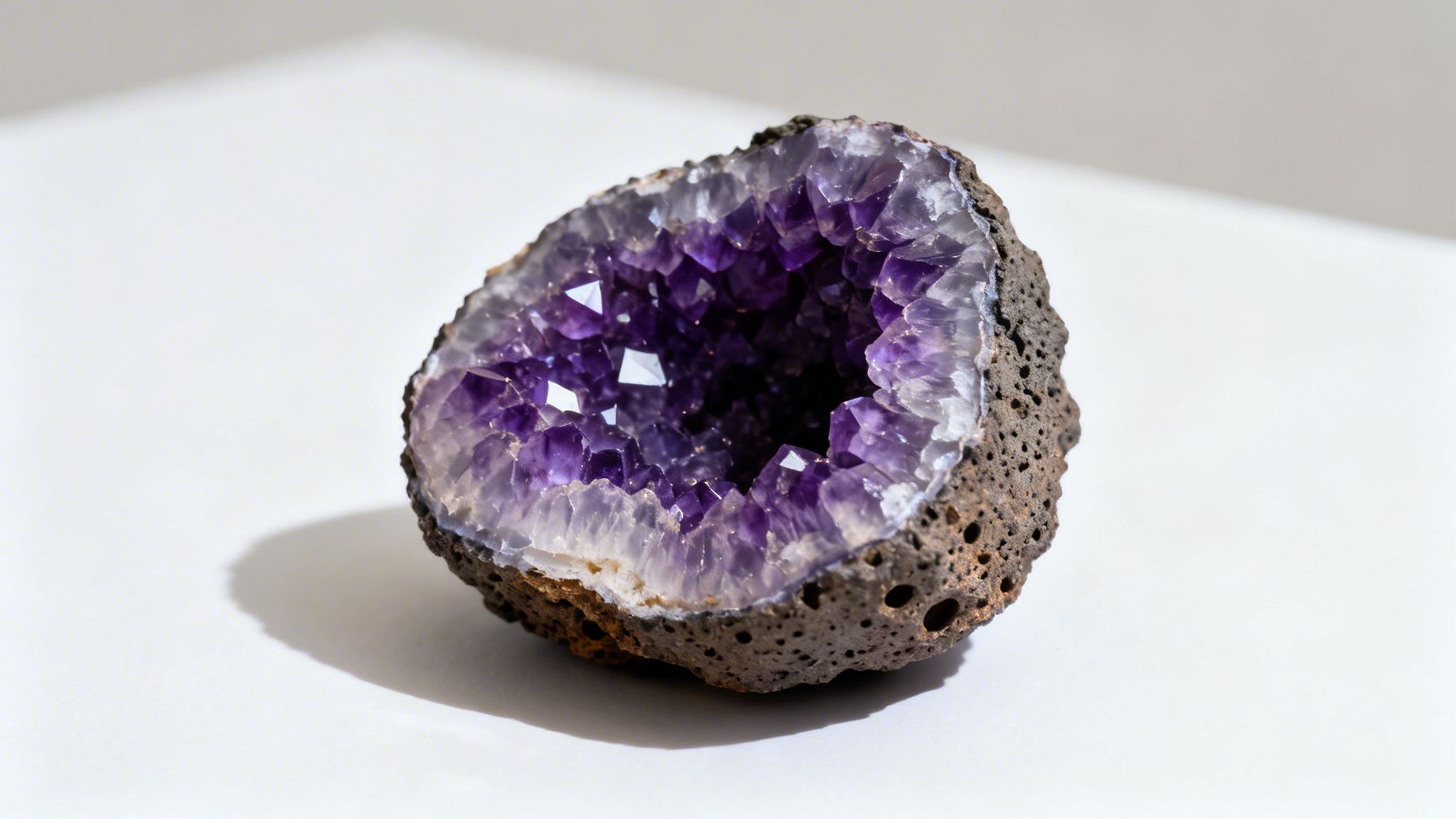 A vibrant purple amethyst geode showcasing sparkling crystals within a rugged, dark, porous rock on a white background.