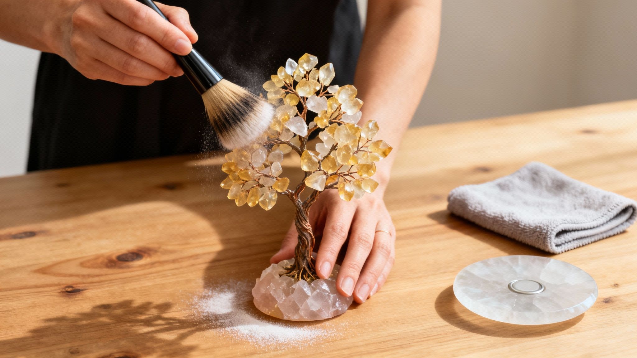 A person uses a brush to clean a decorative crystal tree with yellow and clear stones on a wooden table.