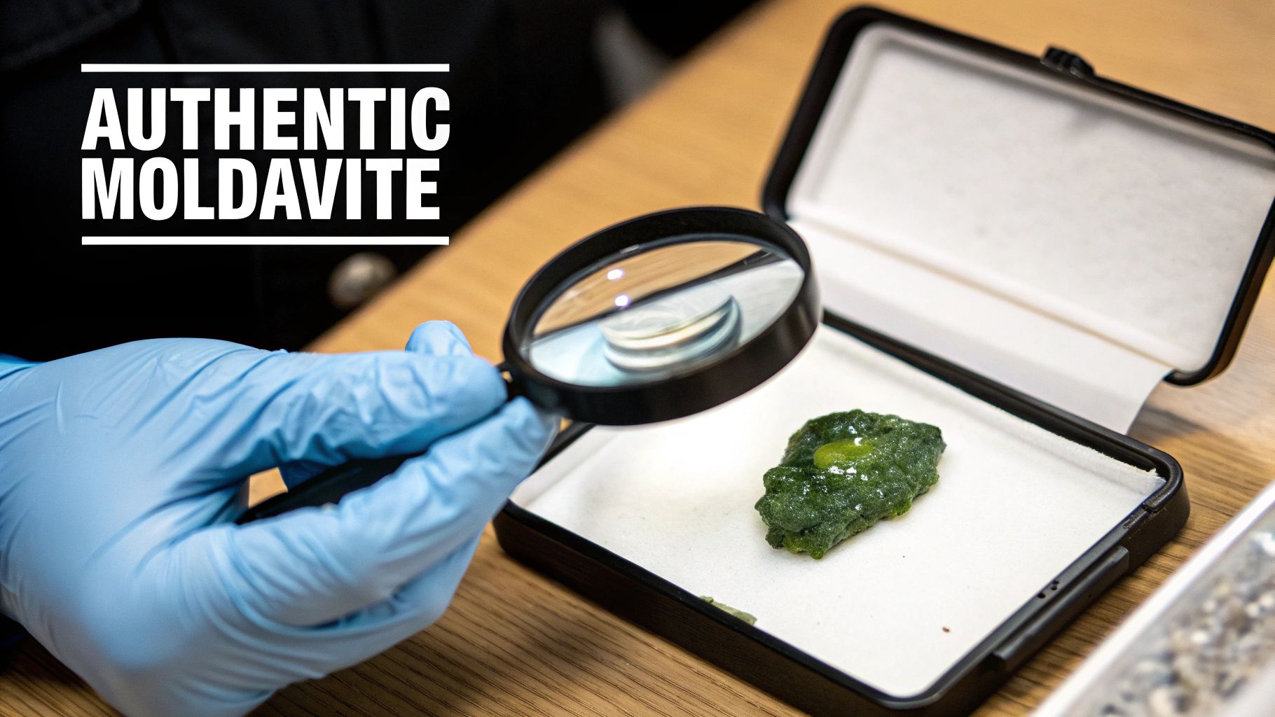 A gloved hand uses a magnifying glass to inspect a piece of green moldavite in a display case.