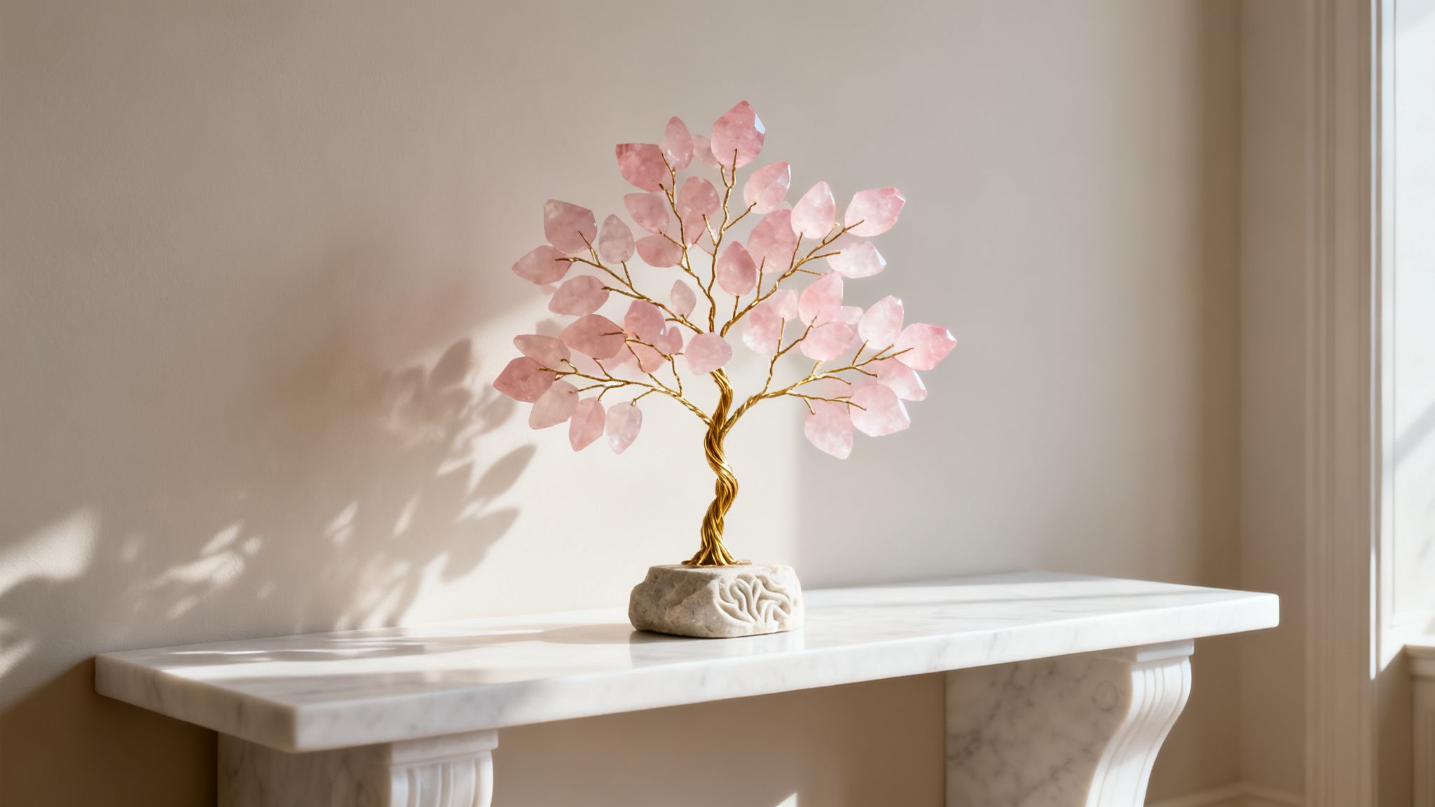 A beautiful rose quartz crystal tree with gold branches on a marble mantelpiece, bathed in sunlight.