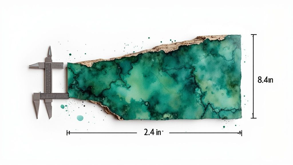 A vibrant green geode slice or agate, with a caliper measuring its width, and showing height 8.4 inches.