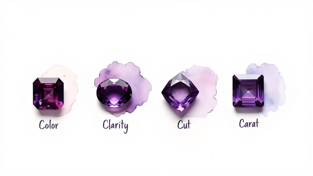 Map of the world with pins on Uruguay, Brazil, Zambia, and Siberia to show amethyst sources.