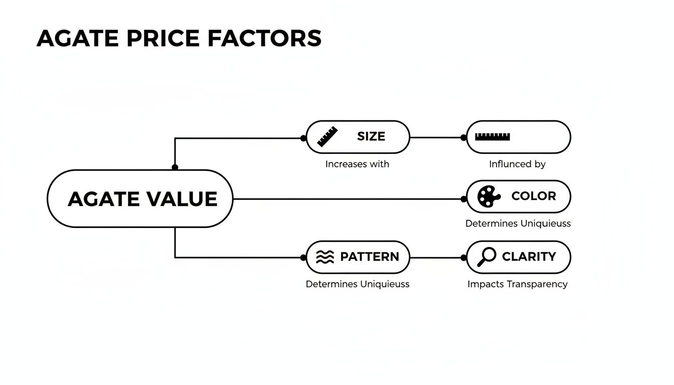 Flowchart detailing key factors influencing agate value: size, color, pattern, and clarity.