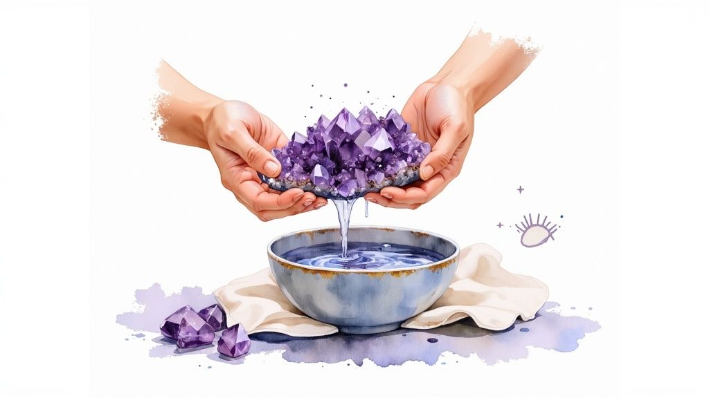Hands holding purple amethyst crystal cluster over blue ceramic bowl with water dripping