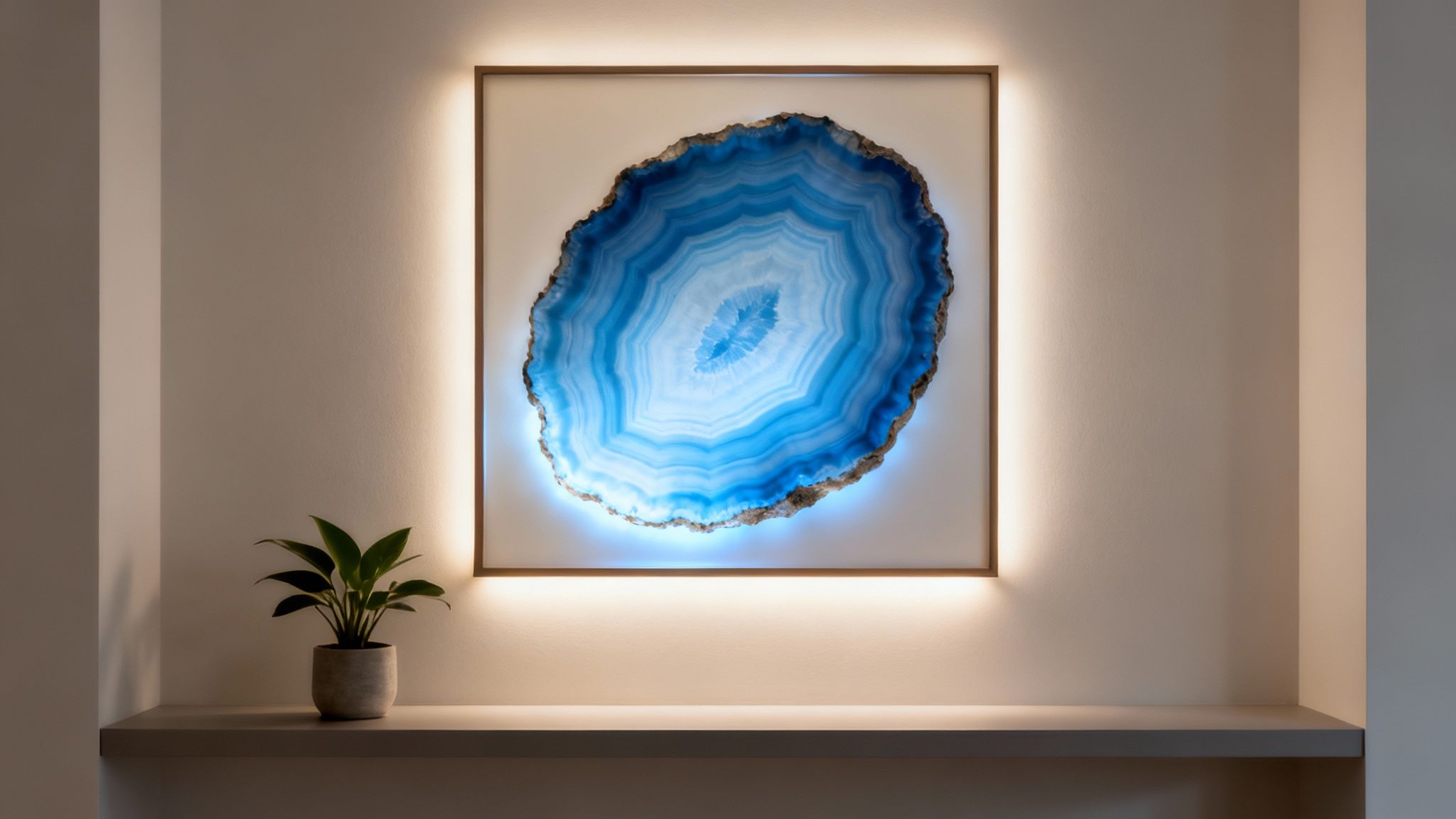 A captivating backlit blue agate slice framed artwork above a minimalist shelf with a green plant.