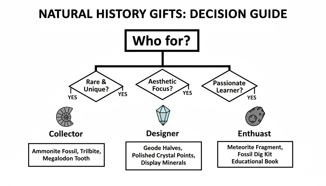 Decision guide for natural history gifts, suggesting items for collectors, designers, and enthusiasts.