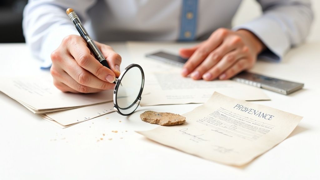 Hands meticulously examining old documents and an archaeological fragment with a magnifying glass.