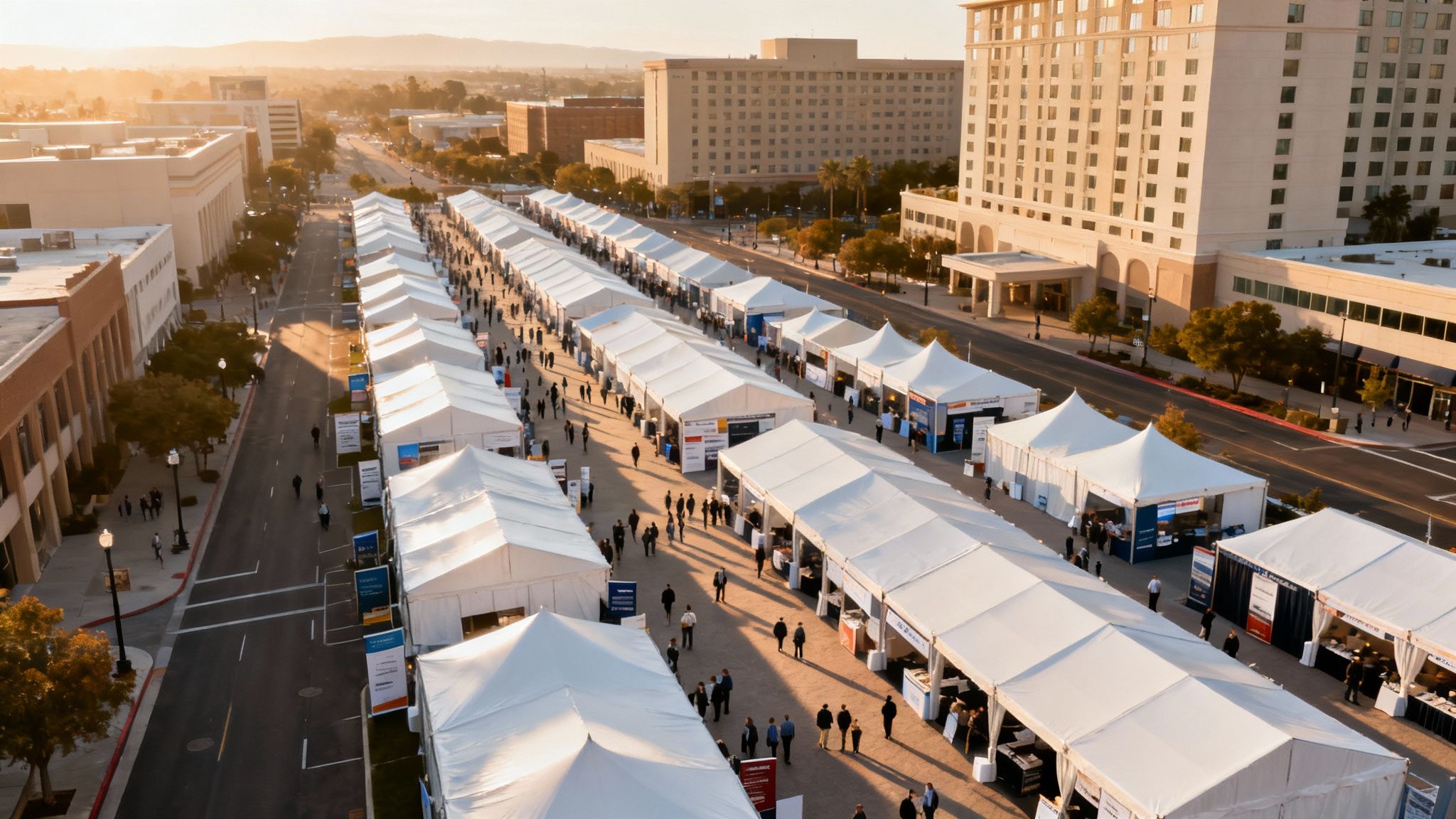 Aerial view of a busy street festival with numerous white tents and a crowd of people.