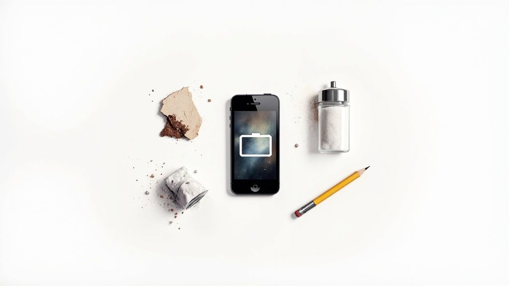 A smartphone displaying a colorful abstract image, placed next to a few raw mineral specimens.
