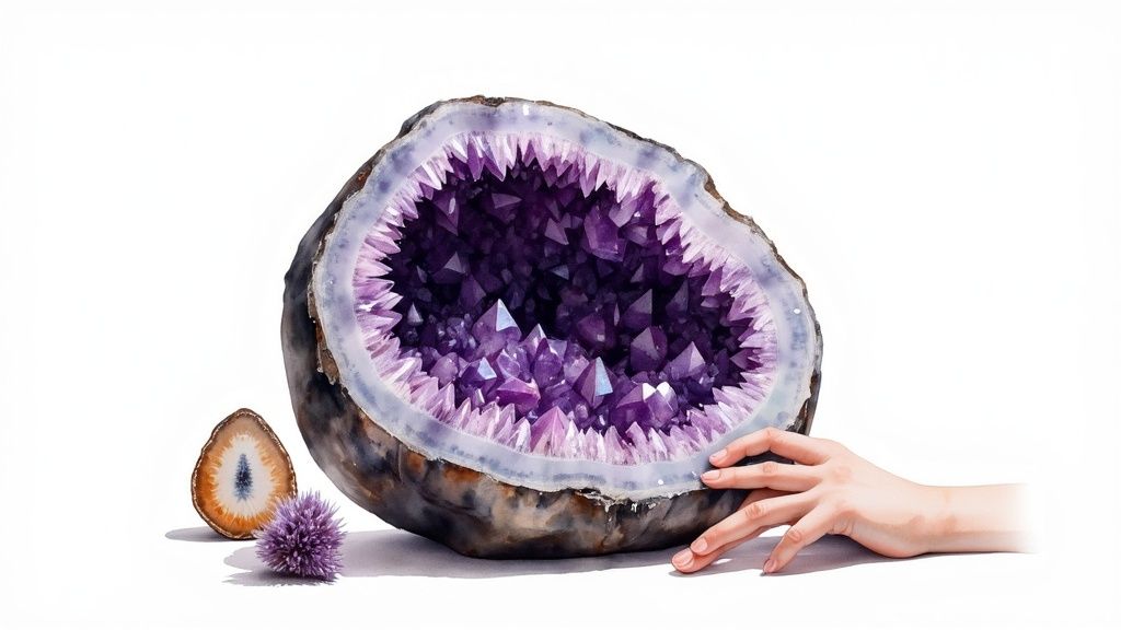 A watercolor painting depicts a large amethyst geode, a small agate slice, a purple flower, and a hand on a white background.