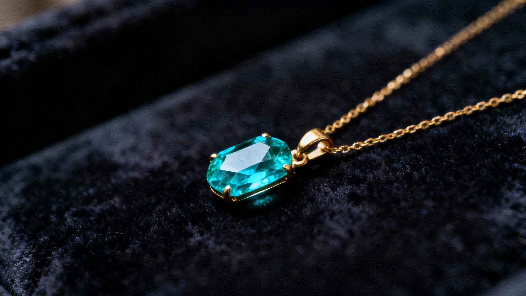 A close-up of a gold necklace with a vibrant teal oval gemstone pendant on dark velvet.