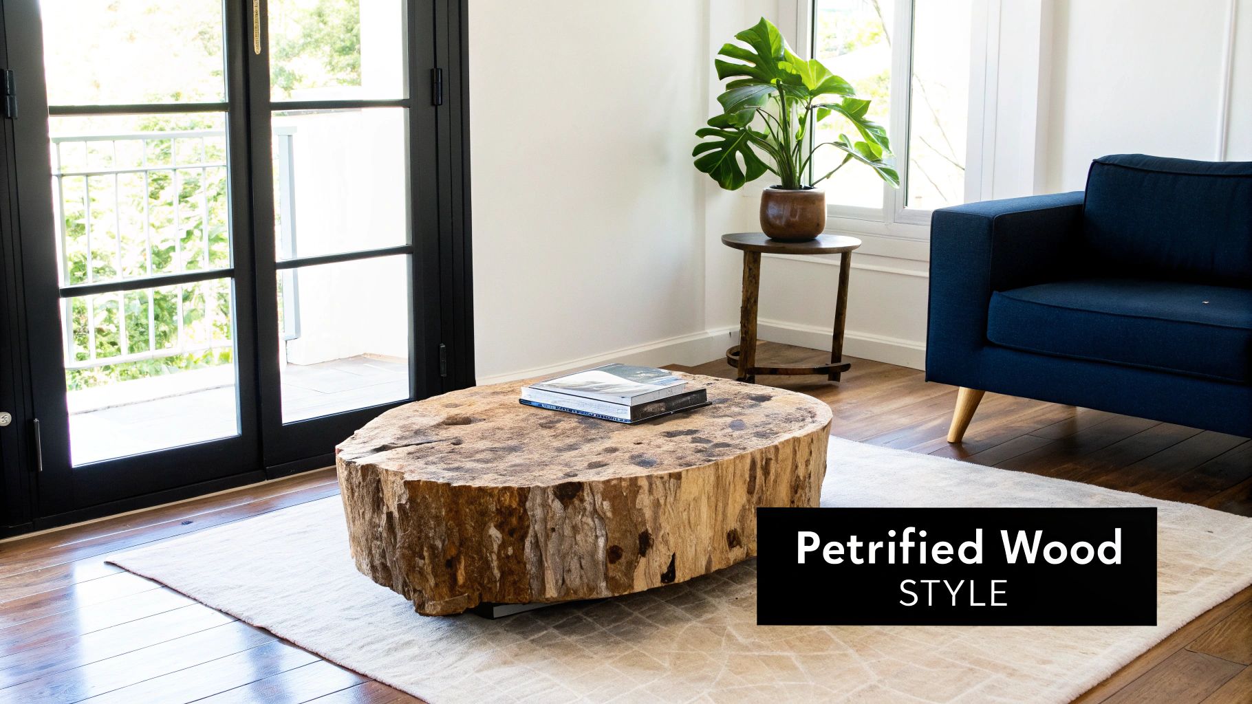 A stylish living room featuring a large, oval petrified wood coffee table with books.
