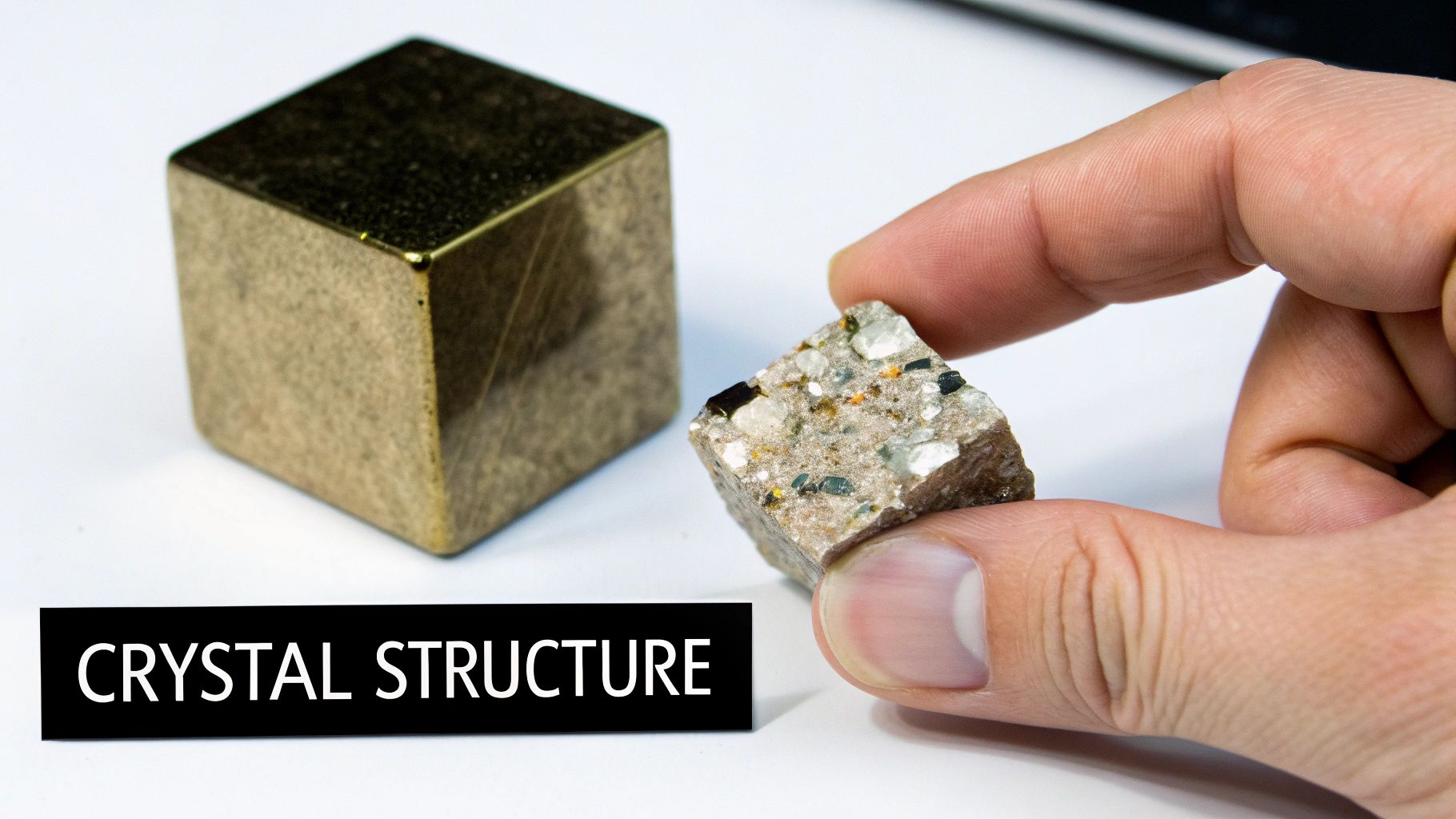 A hand holds a raw mineral sample, contrasting with a smooth metallic cube, highlighting crystal structure.