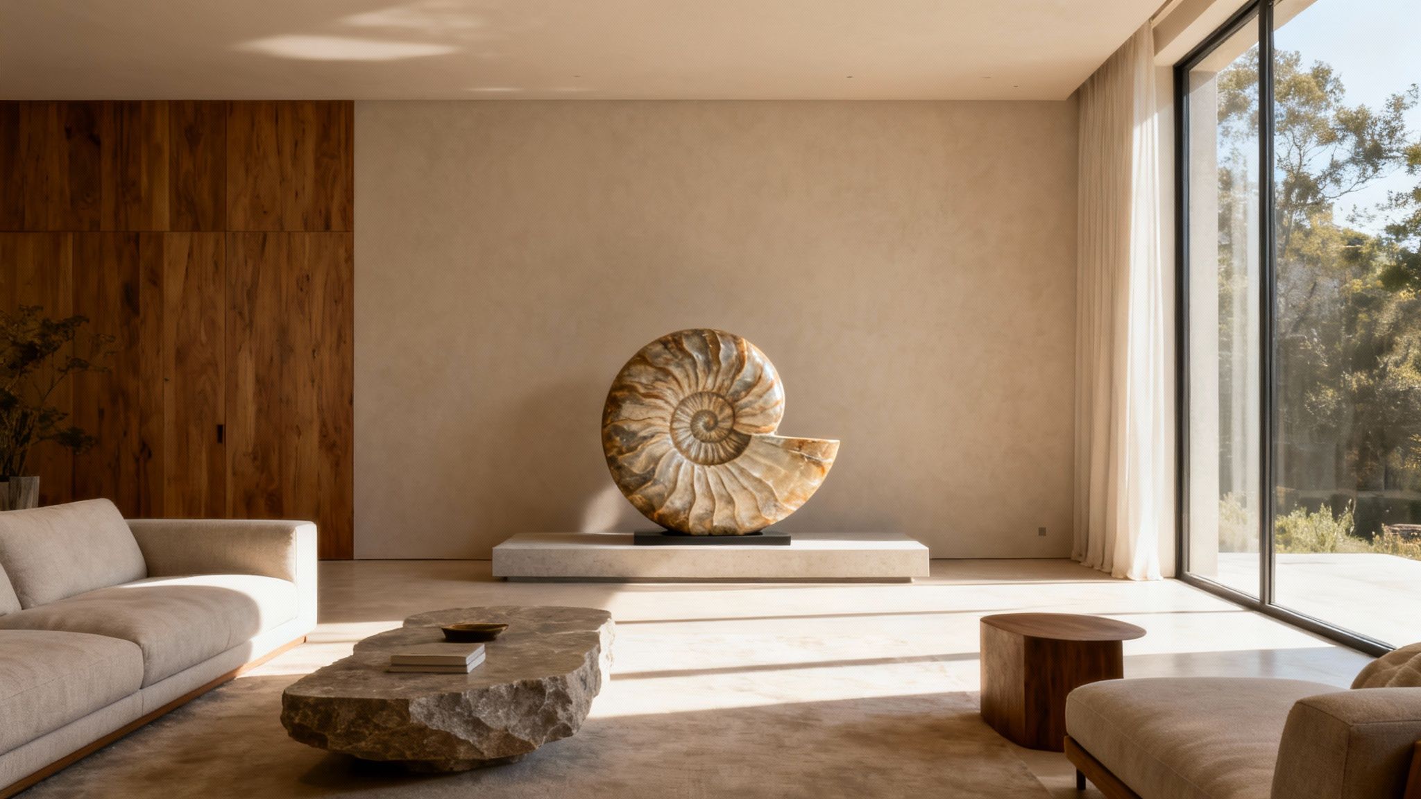 Stunning ammonite fossil sculpture on display in a sunlit, minimalist modern living room.