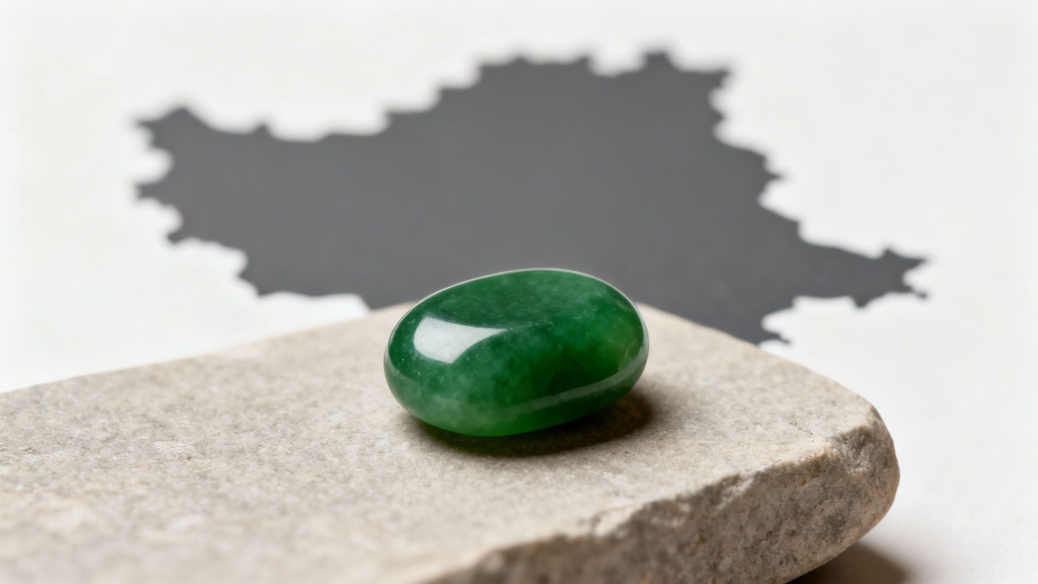 A smooth, polished green jade stone rests on a light-colored stone slab, with a blurred dark shape in the background.