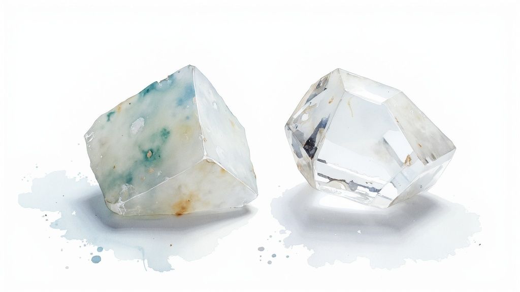 A collection of calcite and quartz crystals showing their visual similarities