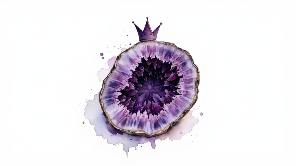 A large, beautiful amethyst quartz geode with deep purple crystals