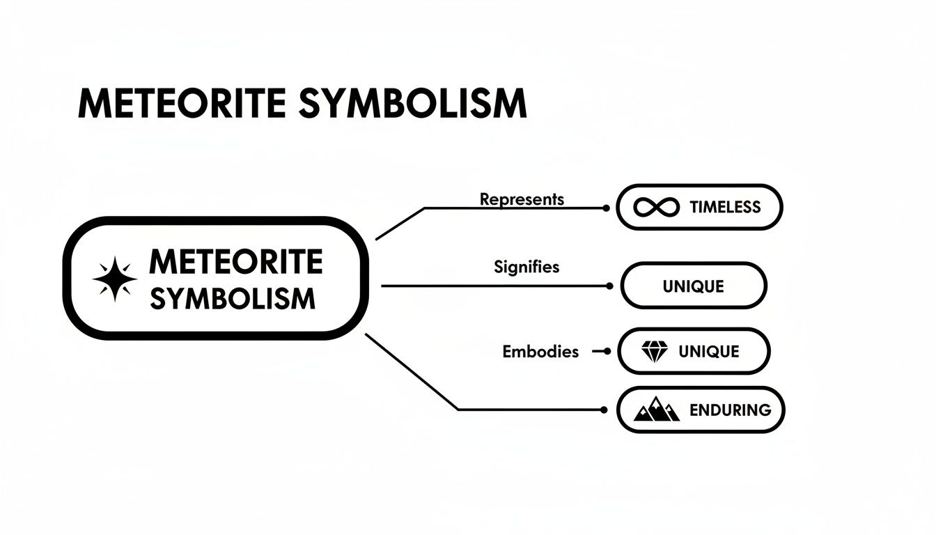 A mind map illustrates meteorite symbolism, highlighting its timeless, unique, and enduring qualities.