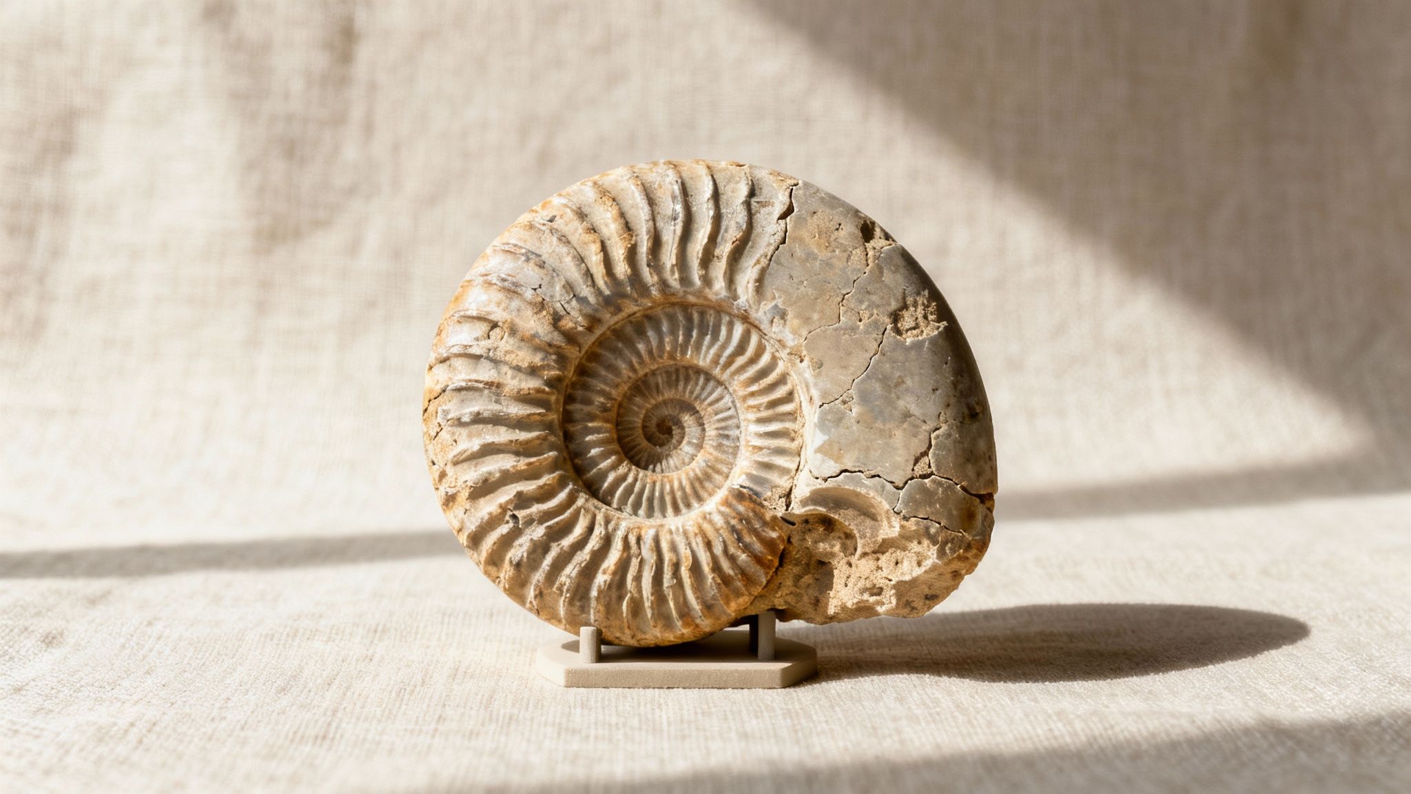 An ancient spiral ammonite fossil on a display stand, sitting on a textured fabric in sunlight.