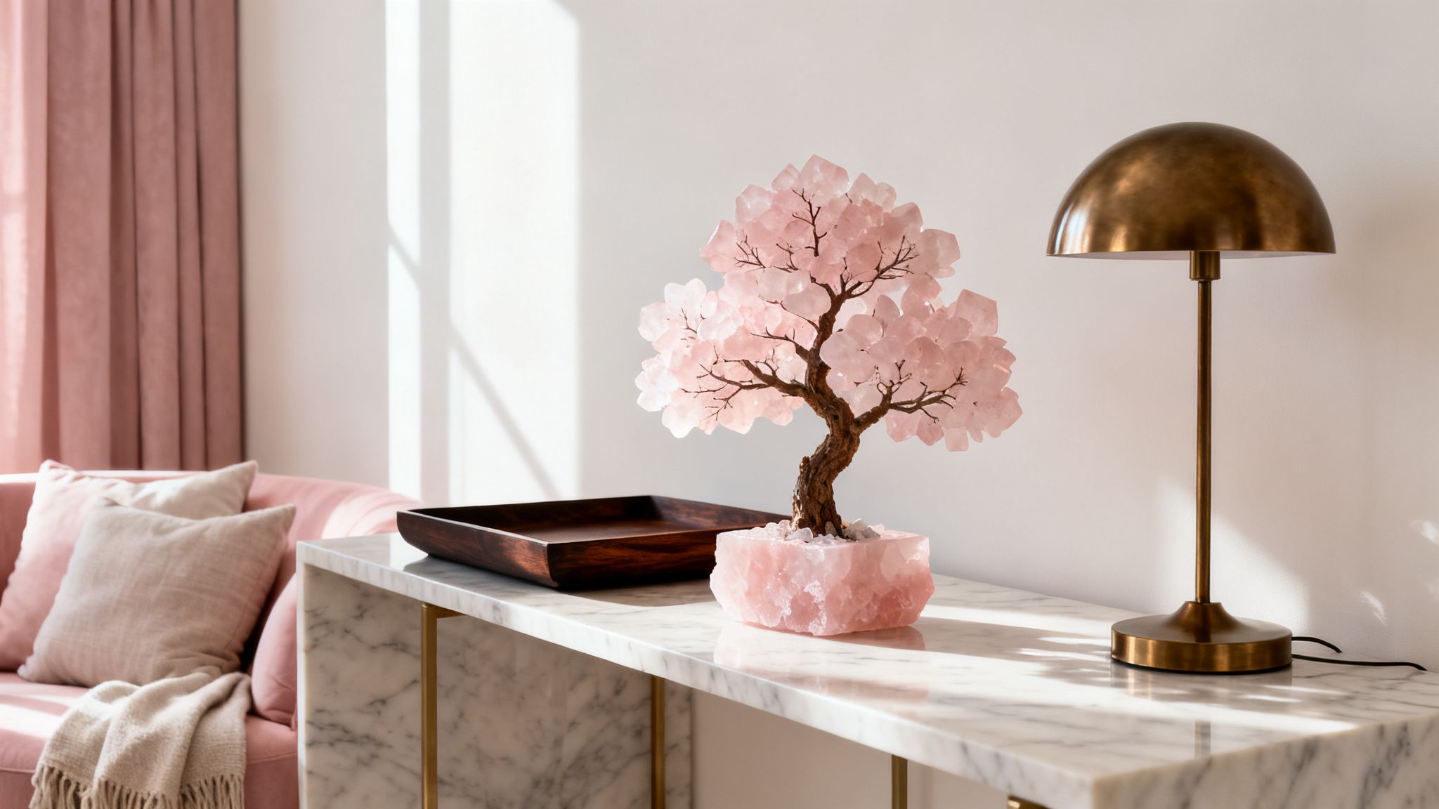 A beautiful rose quartz crystal tree and a bronze lamp sit on a marble console table.