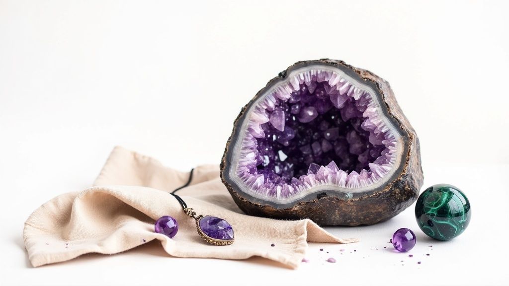 Amethyst geode, pendant, and crystals displayed with a malachite sphere on white.