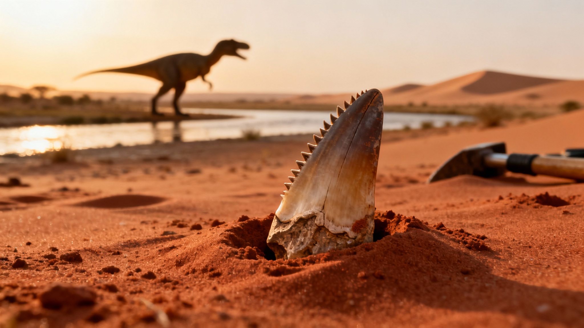 A close-up of a large dinosaur tooth fossil unearthed in red sand with a dinosaur silhouette in the background.