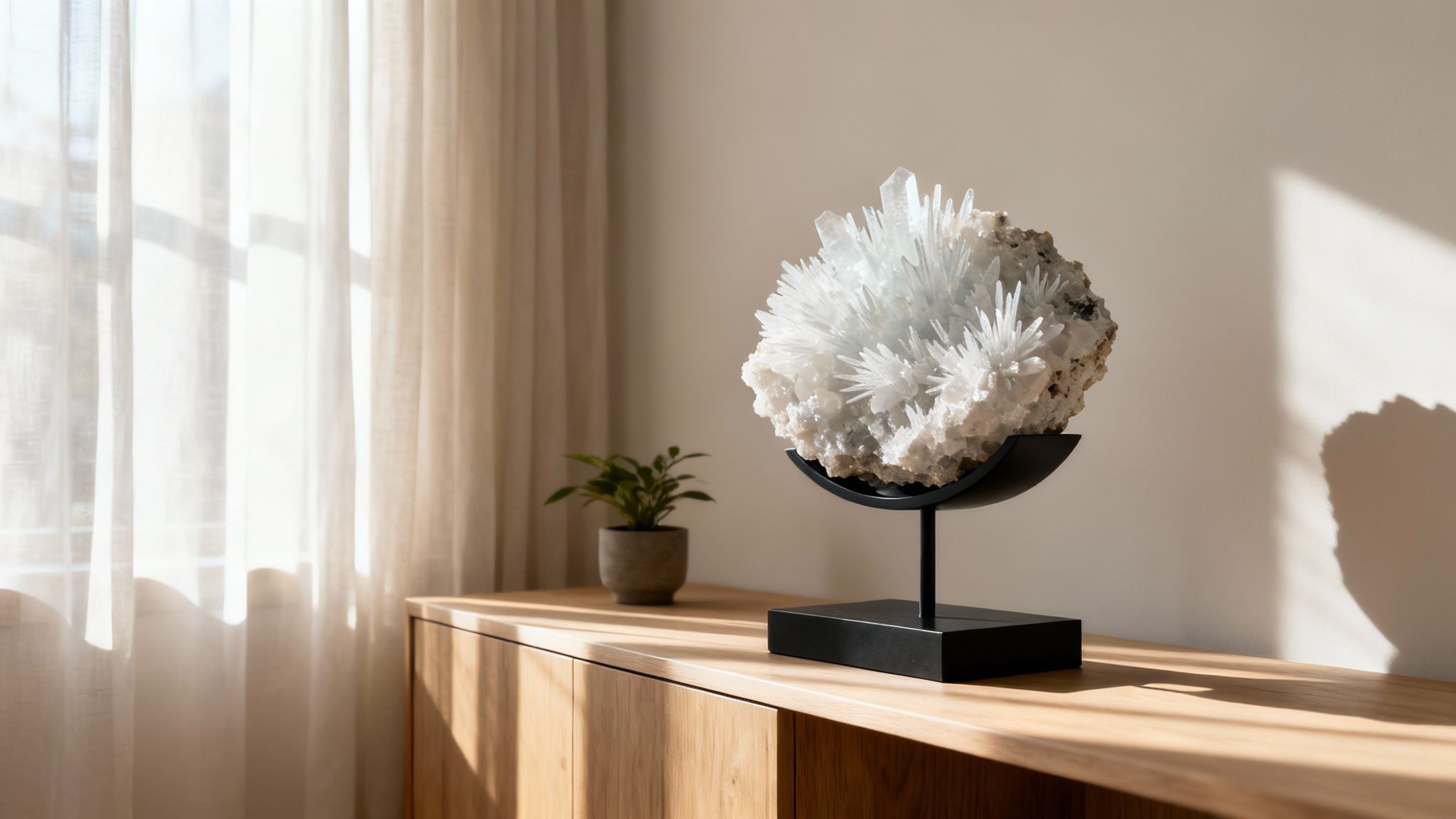 A large, spiky white crystal cluster on a black stand sits on a wooden cabinet by a sunlit window.
