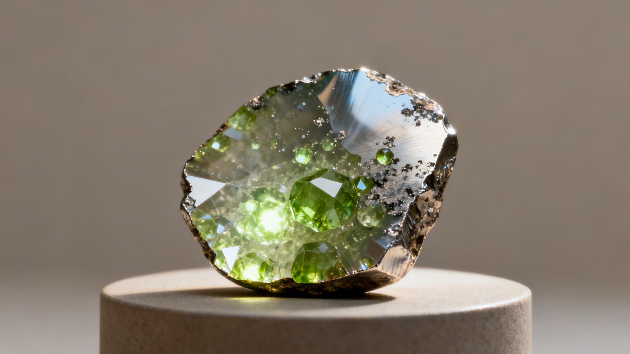 A captivating meteorite fragment adorned with numerous glistening green peridot crystals on a neutral pedestal.