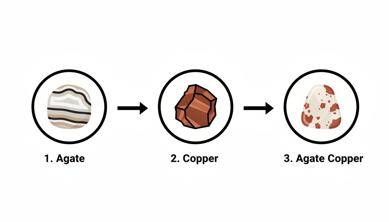 A diagram illustrates the formation of agate copper, showing agate stone and raw copper combining into one.