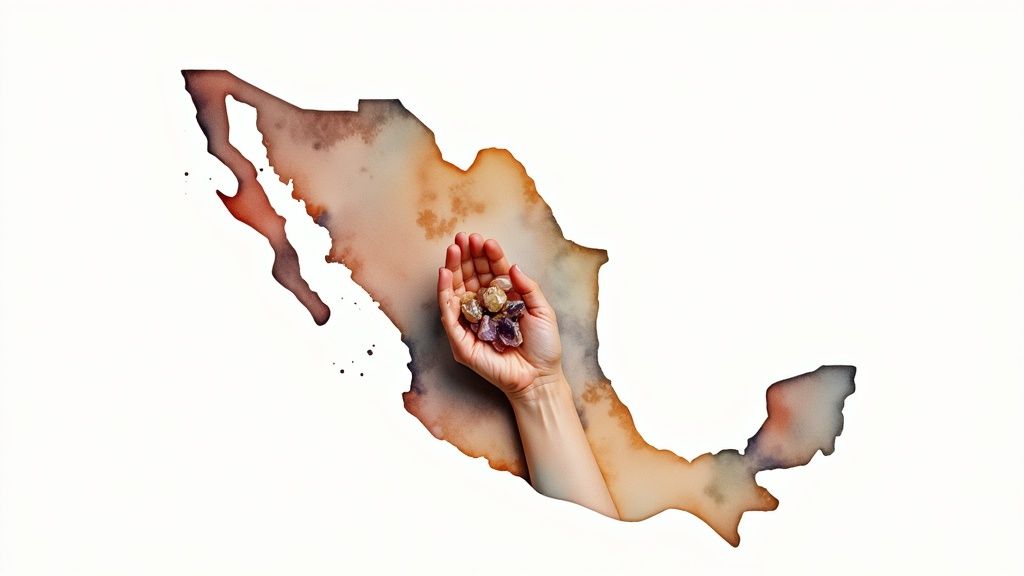 A collection of vibrant, raw crystals from Mexico, showcasing their natural beauty and diverse colors.