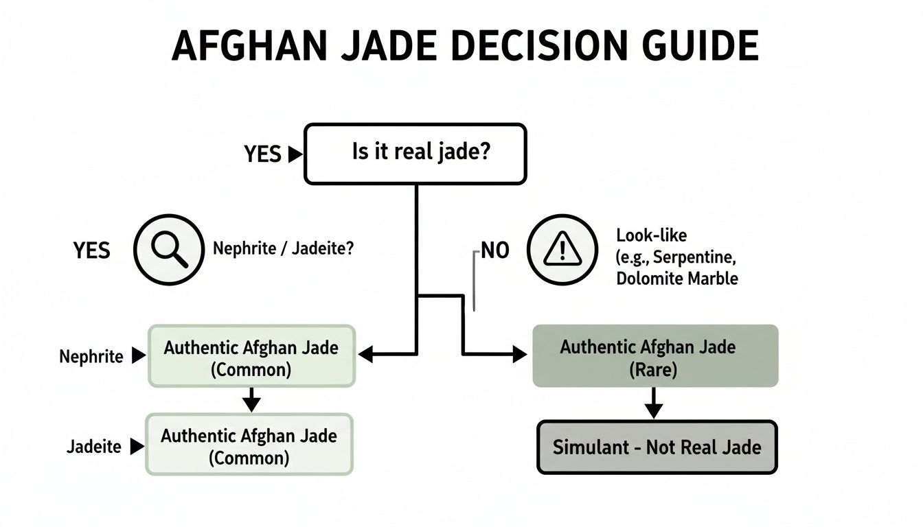 Flowchart illustrating the Afghan Jade decision guide, distinguishing between real jade types and simulants.