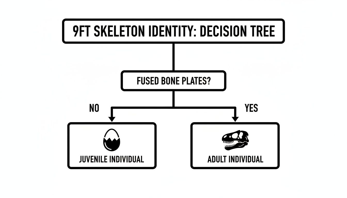 Decision tree for a 9ft skeleton, determining if it's a juvenile or adult based on fused bone plates.