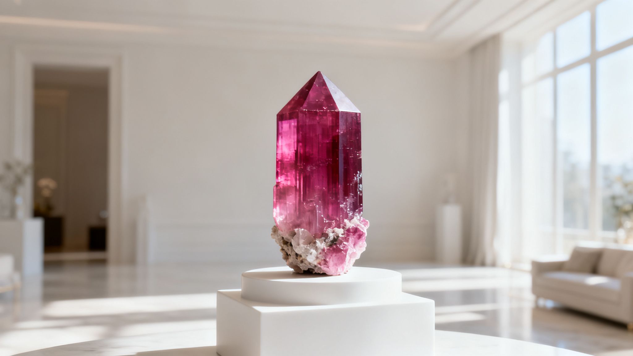 A magnificent pink crystal on a white tiered pedestal in a bright, minimalist room.
