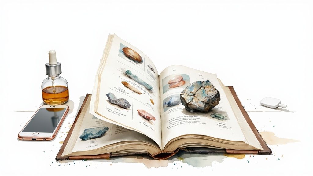 A person's hands holding various mineral specimens over a wooden table.