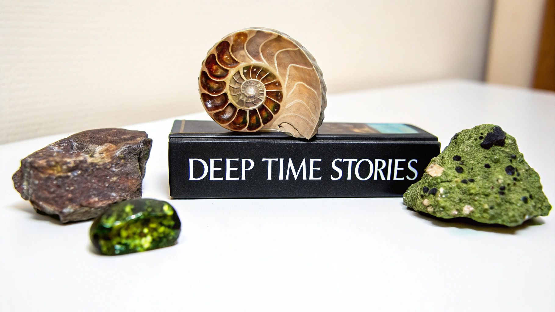 A fossil nautilus shell, a book titled 'Deep Time Stories', and various geological rocks on a white surface.