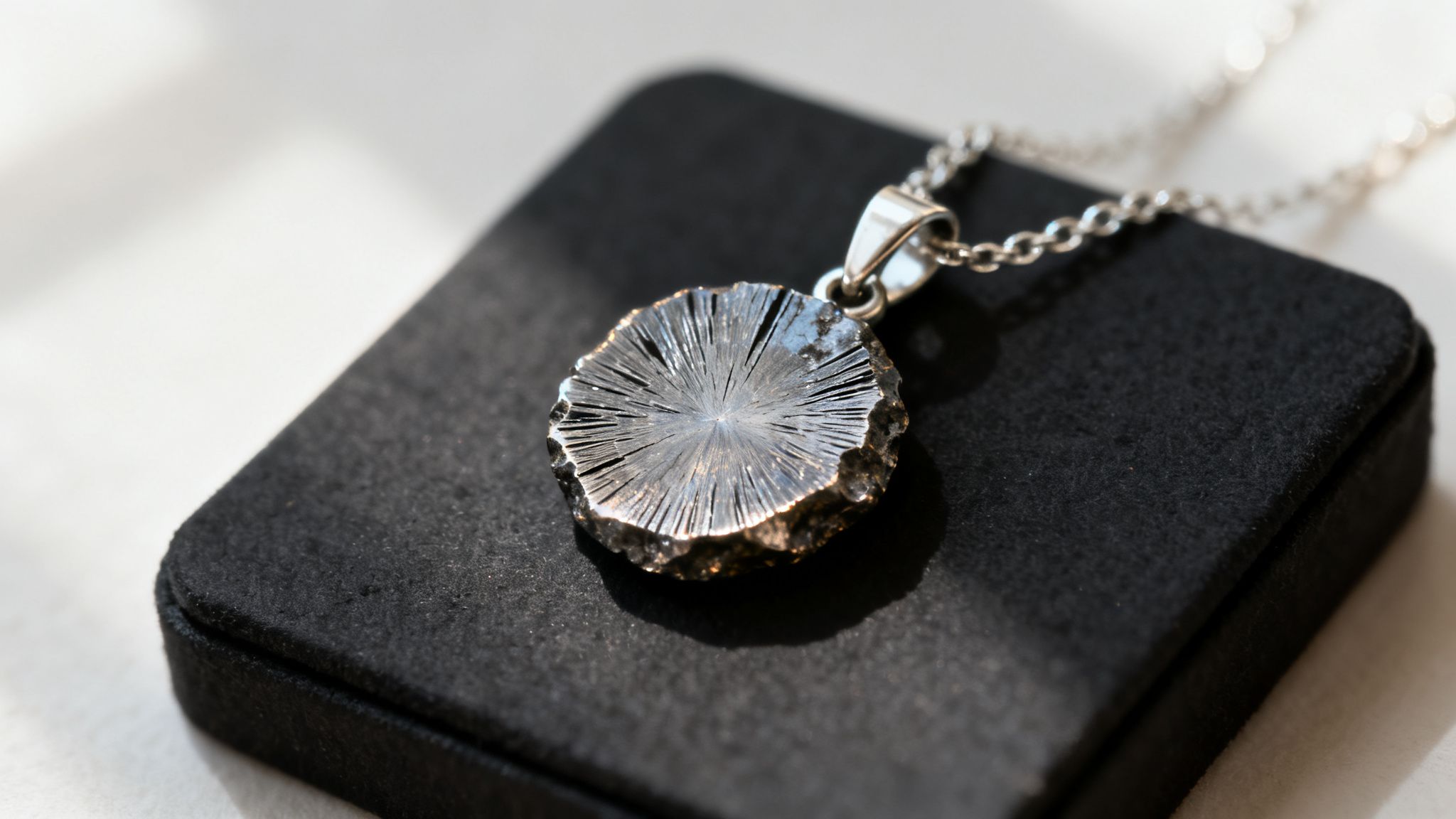 Close-up of a striking silver pendant with a spiky, circular texture on a black display.