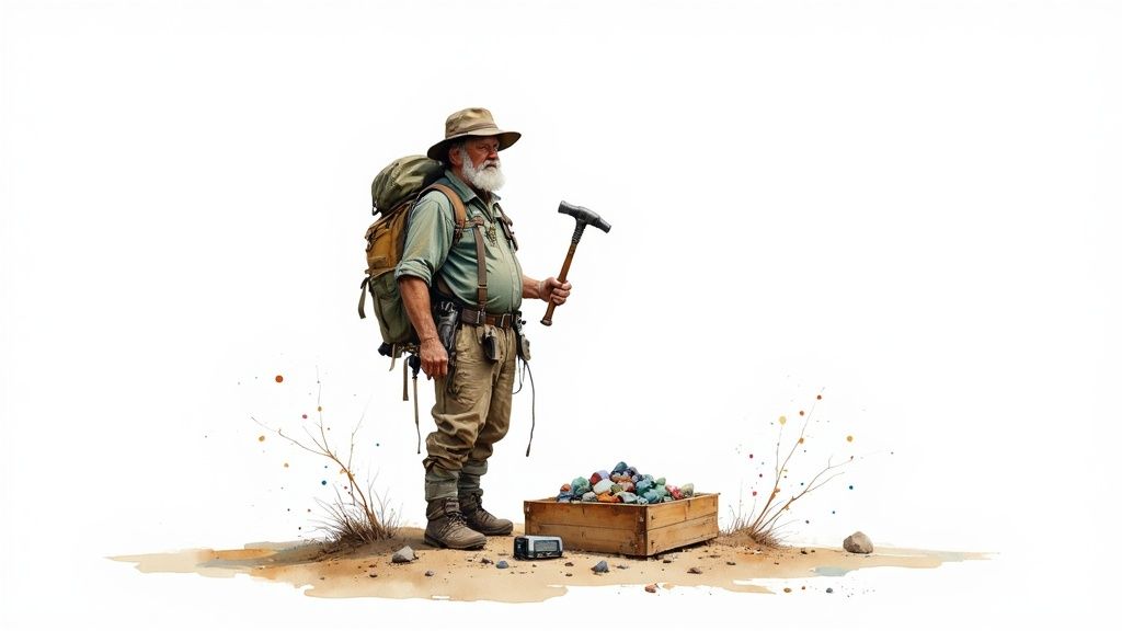 A person rockhounding for gemstones in a rocky Colorado landscape.
