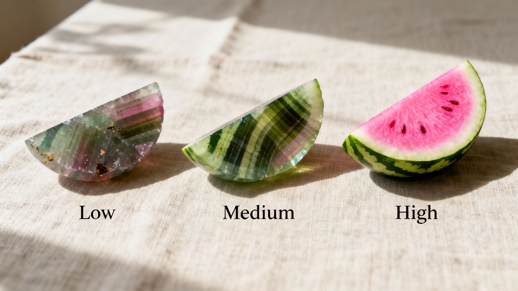 Three slices comparing natural watermelon tourmaline, carved tourmaline, and a real watermelon slice.