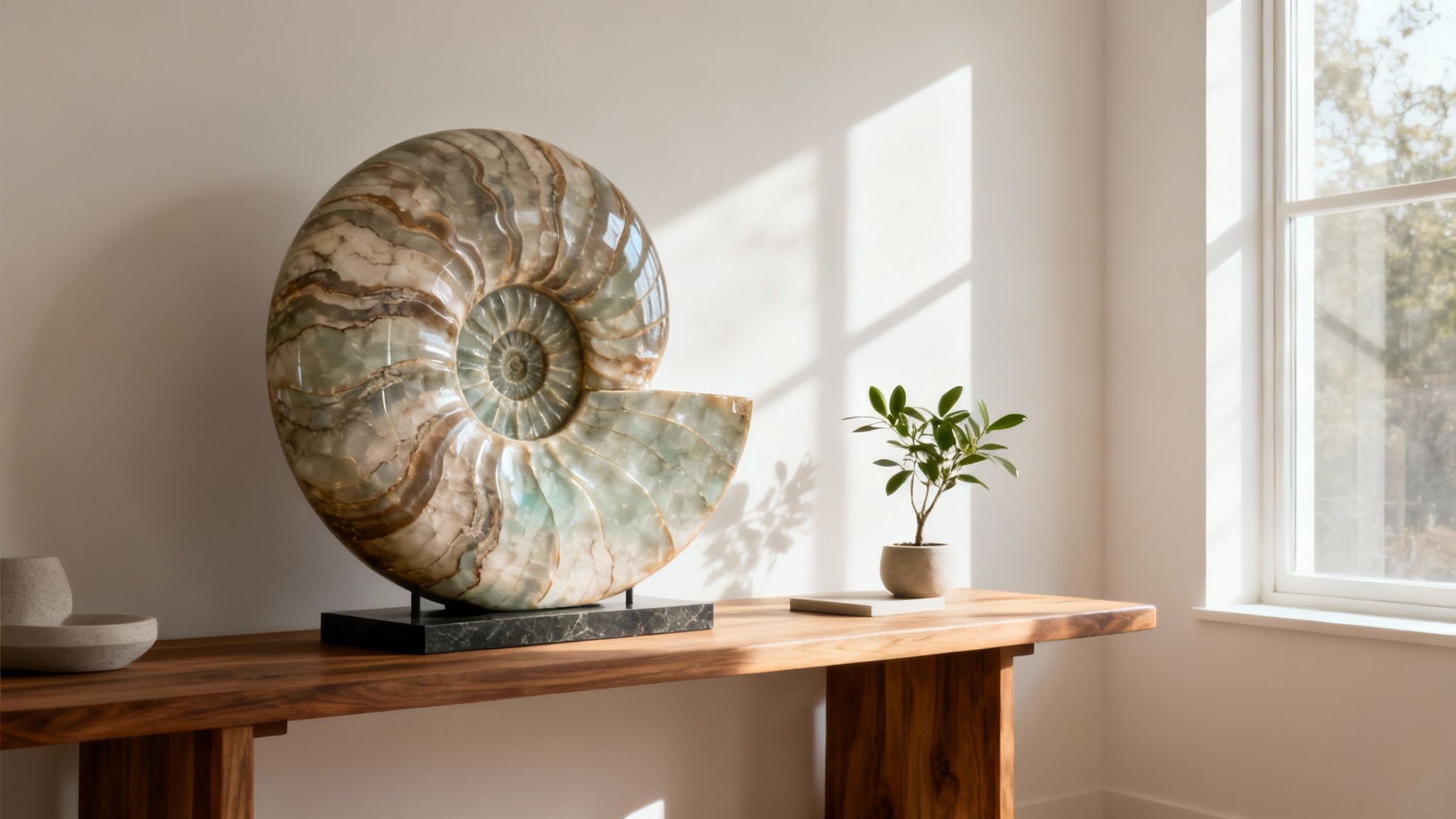 A large, polished ammonite shell decorates a modern wooden console table with a small plant.