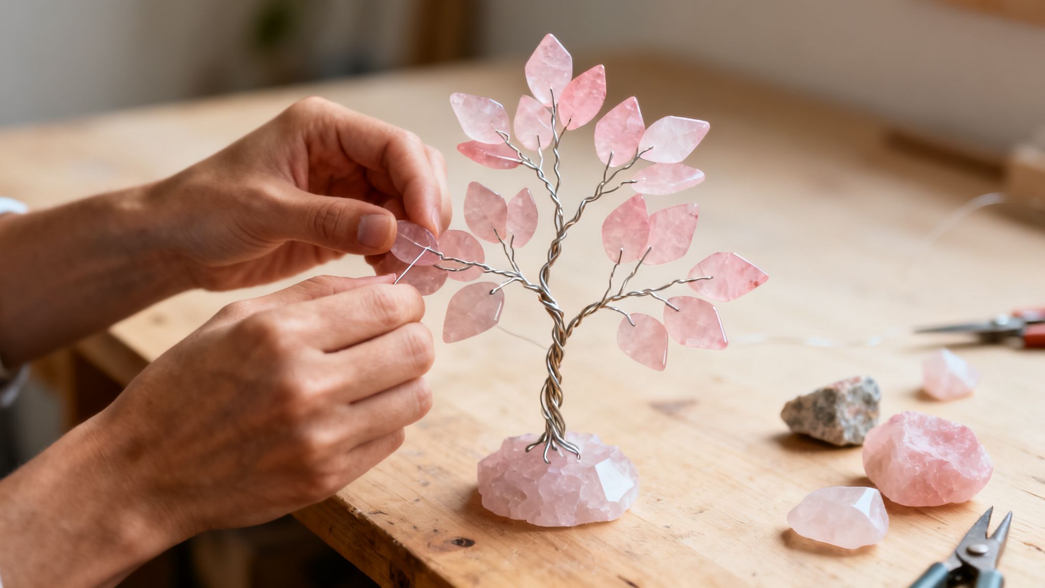 Hands meticulously craft a rose quartz crystal tree, adding pink leaves to the silver wire branches.