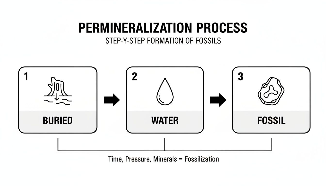 Educational diagram explaining the step-by-step permineralization process leading to fossil creation.